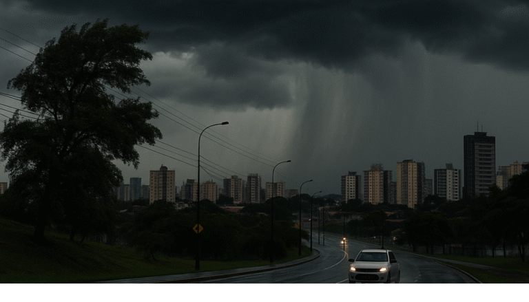 Céu carregado com nuvens escuras sobre área urbana com prédios ao fundo e carro em avenida molhada por forte chuva