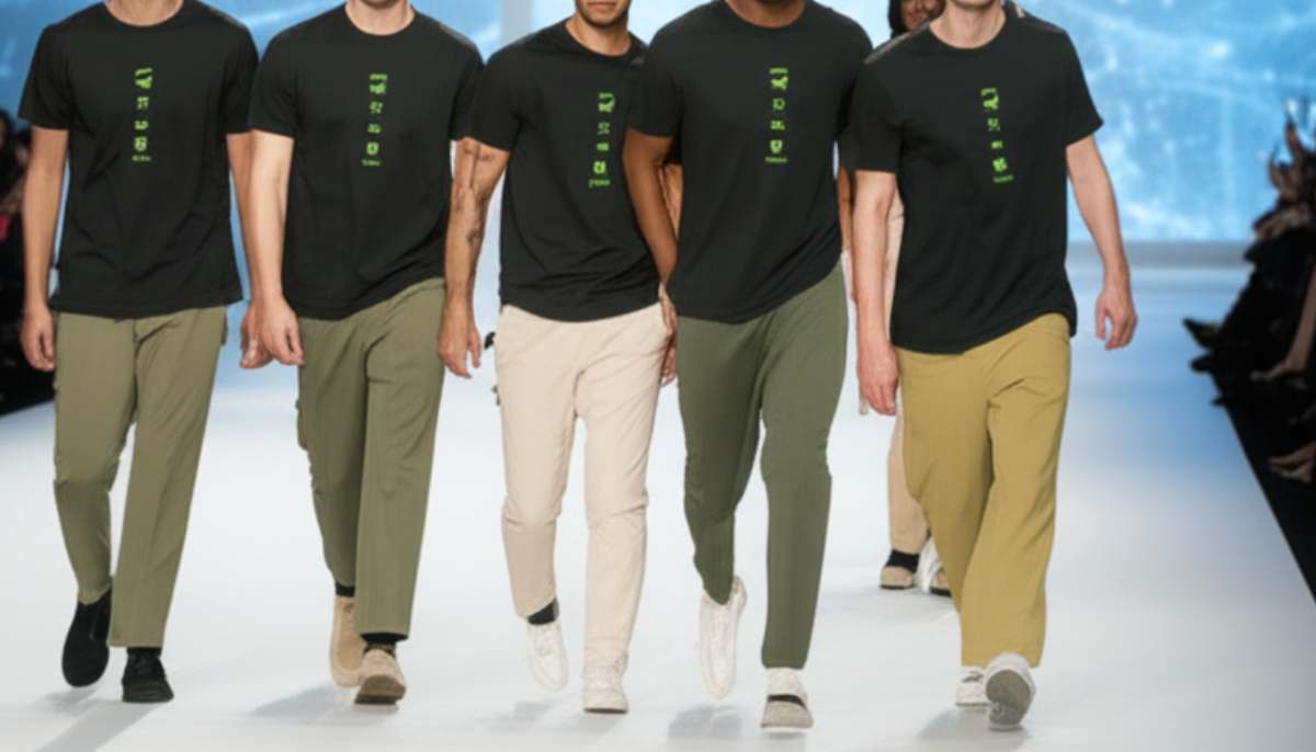 Grupo de modelos morenos e brancos desfilam em passarela de moda usando camisetas pretas com design minimalista em verde neon com símbolos de sustentabilidade e calças em tons terrosos sob luzes de palco e plateia ao fundo demonstra a inovação têxtil em prol do meio ambiente