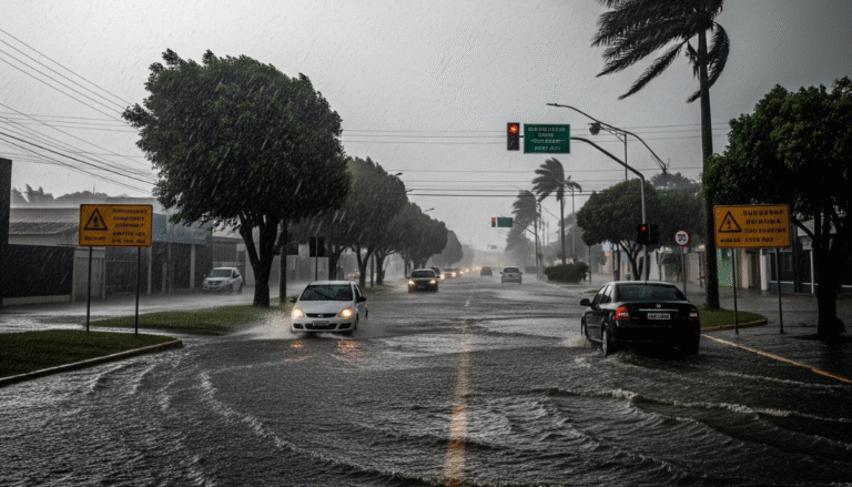 Cena de tempestade intensa no Sudeste brasileiro com chuva volumosa, ventos fortes e ruas alagadas, representando alerta do INMET