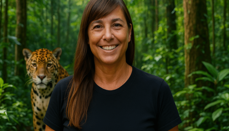 Cientista brasileira em floresta tropical com onça-pintada ao fundo representando a harmonia entre humano e natureza
