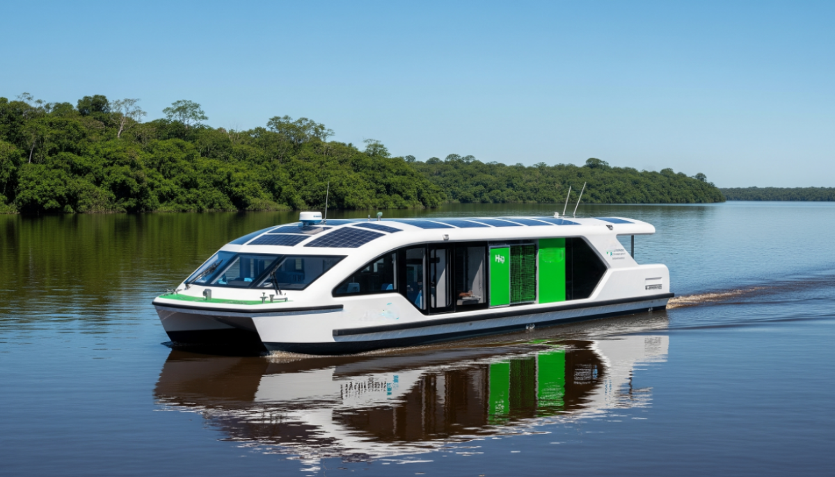 Barco moderno movido a hidrogênio verde navega em rio cercado por floresta amazônica em clima ensolarado