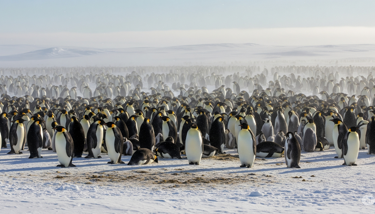 Colônia de pinguins-imperadores em solo antártico com fezes visíveis no chão e partículas no ar gelado