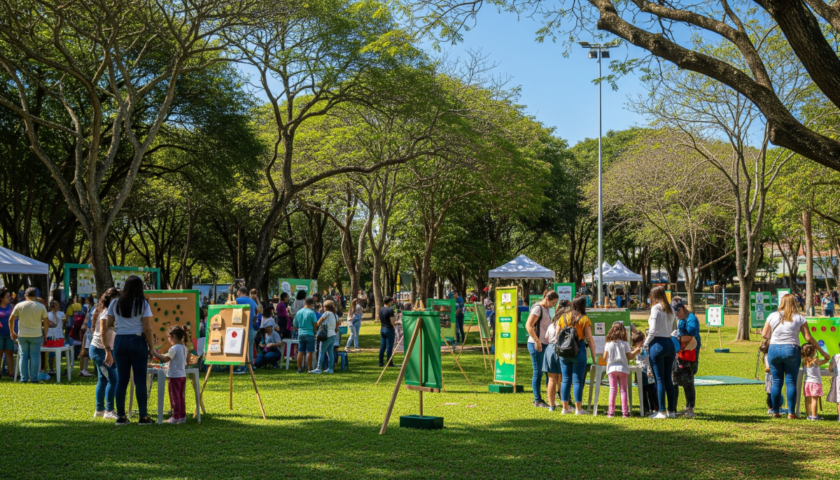 Ação ambiental em parque de Joinville com comunidade engajada no Junho Verde em clima participativo