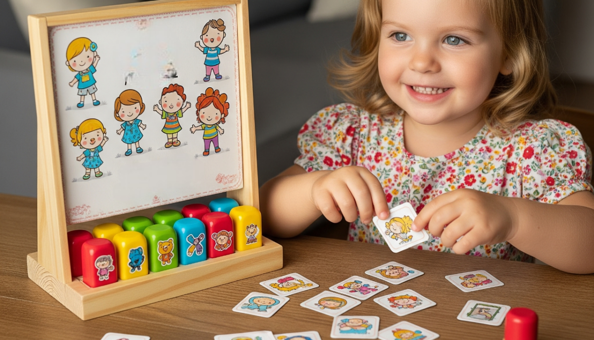 Criança se diverte com brinquedos artesanais criados com materiais recicláveis como tampinhas, papelão e rolinhos