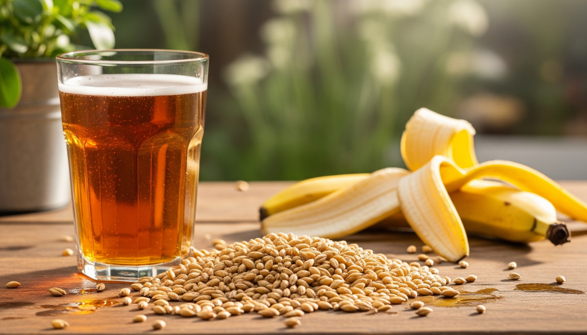 Grãos de cevada úmidos e dourados sobre mesa de madeira, ao lado de um copo de cerveja artesanal, cascas de banana e folhas verdes, simbolizando inovação e sustentabilidade no uso de resíduos na produção de bebidas