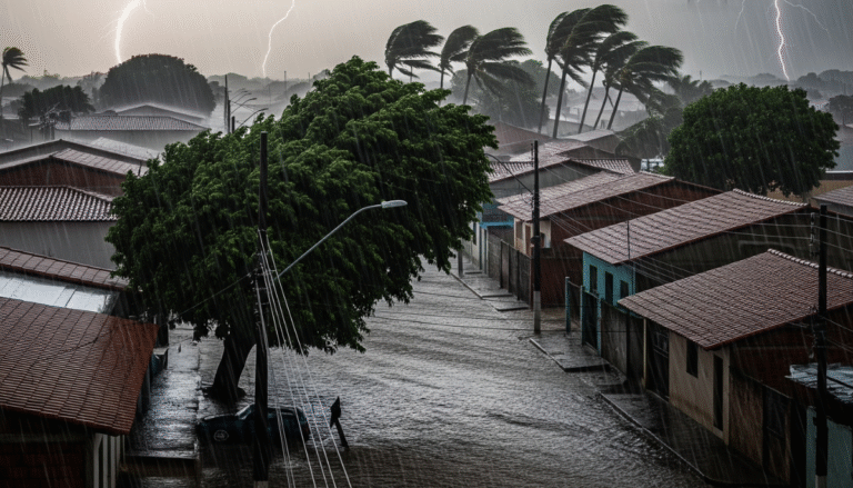 Cenário urbano nordestino com tempestade intensa, céu carregado, relâmpagos e início de alagamentos em áreas vulneráveis