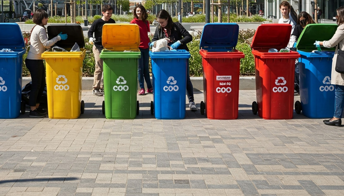 Pessoas separando lixo reciclável em área urbana no Dia Mundial da Reciclagem