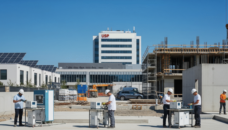Canteiro de obras moderno com edifício em construção usando cimento sustentável desenvolvido pela usp com céu azul claro