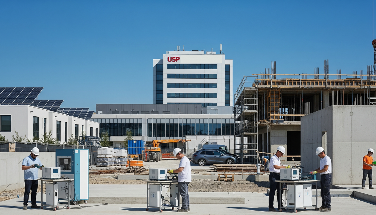 Canteiro de obras moderno com edifício em construção usando cimento sustentável desenvolvido pela usp com céu azul claro