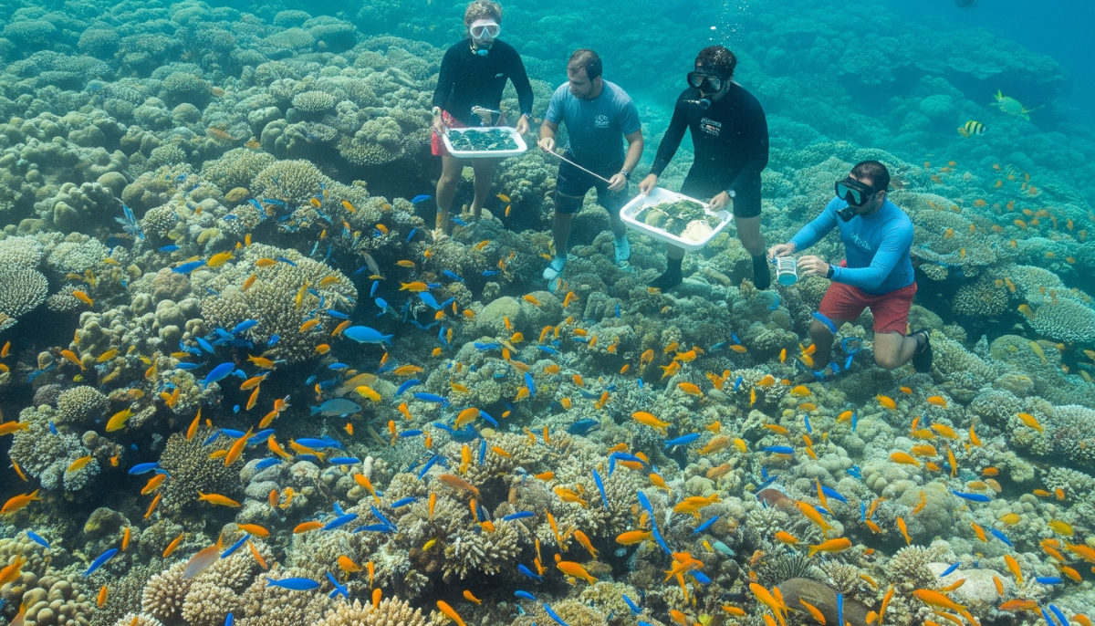 Coral colorido e biodiversidade marinha em recife preservado em Pernambuco com equipe local em ação para conservar o ambiente natural