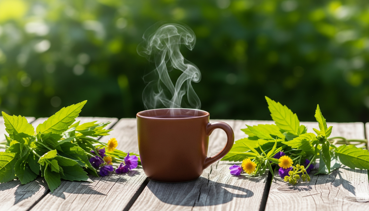 Caneca rústica de chá fumegante sobre mesa de madeira cercada por folhas frescas e flores criando ambiente acolhedor