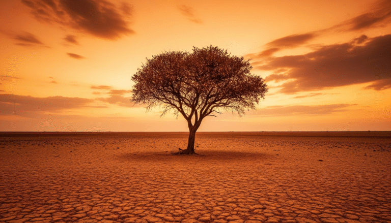 Paisagem árida com solo rachado e árvore isolada representando os efeitos da desertificação e da seca