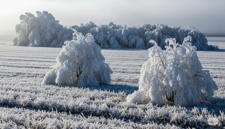 Paisagem natural impactada por onda polar no Brasil com árvores cobertas de gelo e geadas no solo