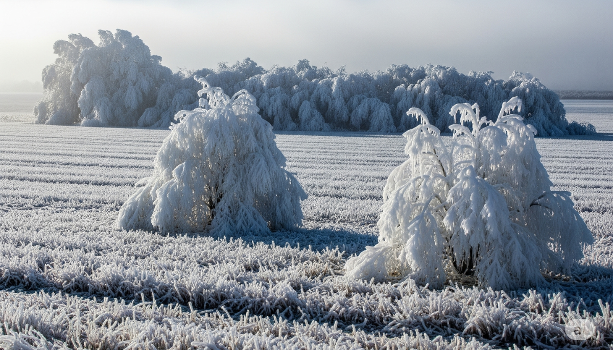 Paisagem natural impactada por onda polar no Brasil com árvores cobertas de gelo e geadas no solo