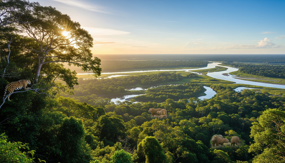 Floresta amazônica densa com rio sinuoso e luz solar penetrando pelas copas das árvores tropicais verdes