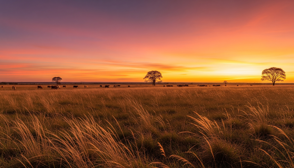 Campo aberto do Pampa ao entardecer com gramíneas douradas balançando ao vento, céu alaranjado, gado pastando ao fundo e algumas árvores espaçadas no horizonte. A imagem deve estar na horizontal, ter estilo fotográfico