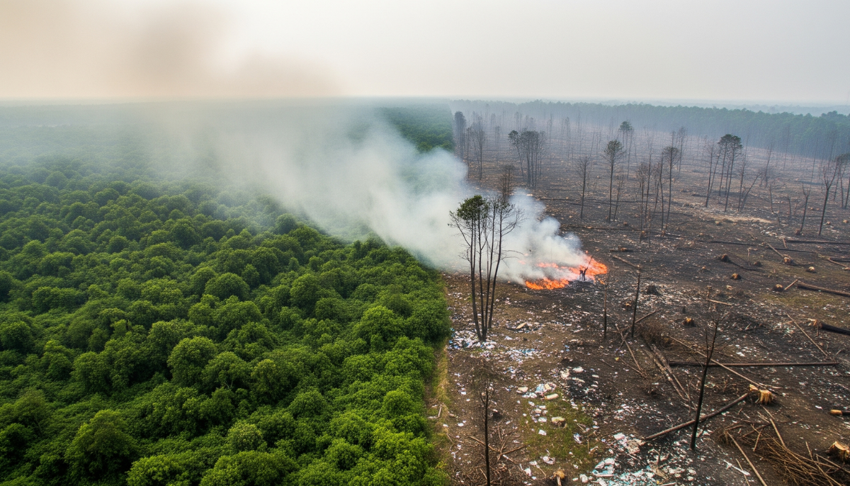 Divisão de paisagem entre floresta verde e área poluída com lixo, fumaça e desmatamento ao fundo, evidenciando os impactos da tripla crise planetária