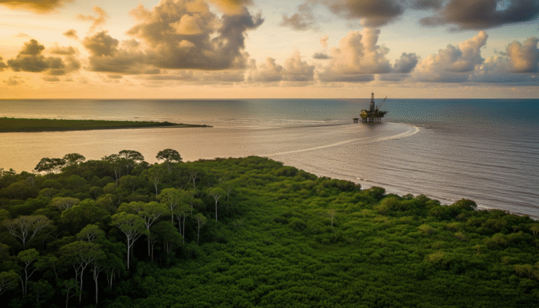 Paisagem aérea da Foz do Amazonas ao entardecer com vegetação, oceano e estrutura de petróleo no horizonte