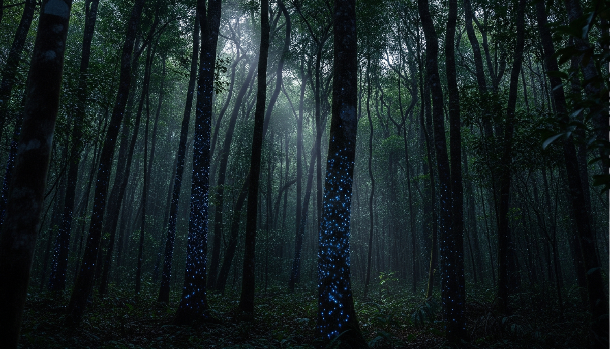 Floresta densa da Mata Atlântica ao anoitecer com líquens bioluminescentes emitindo luz suave nos troncos das árvores
