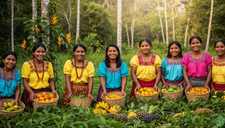 Mulheres ribeirinhas colhem frutas tropicais frescas na floresta amazônica com cestos coloridos e rostos felizes