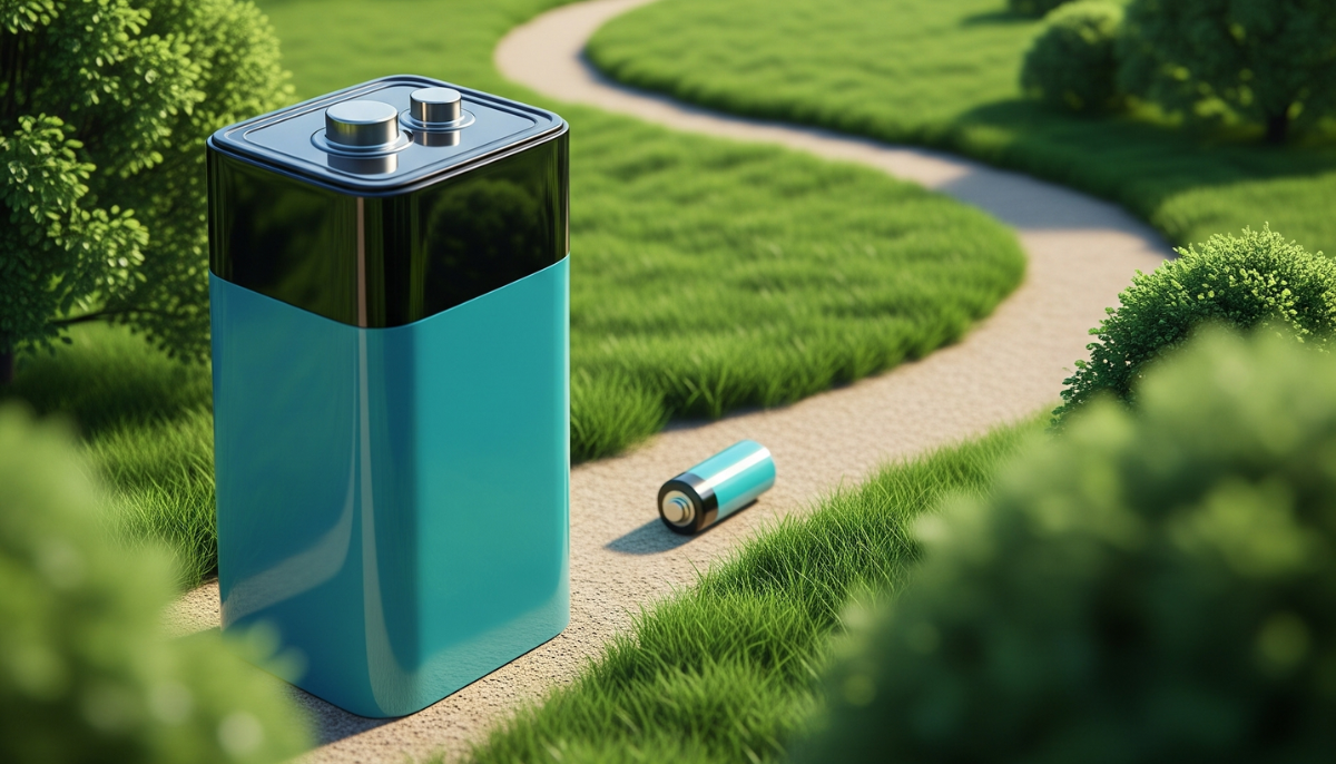 Pilha colorida em destaque em meio a um caminho verde que simboliza a reciclagem e o destino ambiental correto
