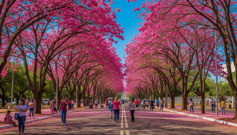 Rua em Brasília forrada com pétalas de ipês floridos em tons vibrantes de rosa, amarelo e branco, céu azul e pessoas caminhando encantadas