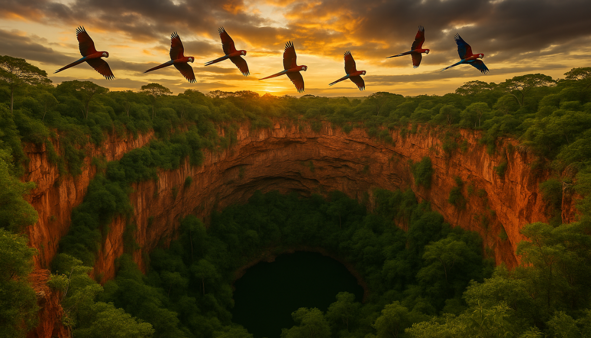 Vista panorâmica do Buraco das Araras ao amanhecer com araras vermelhas voando e vegetação exuberante