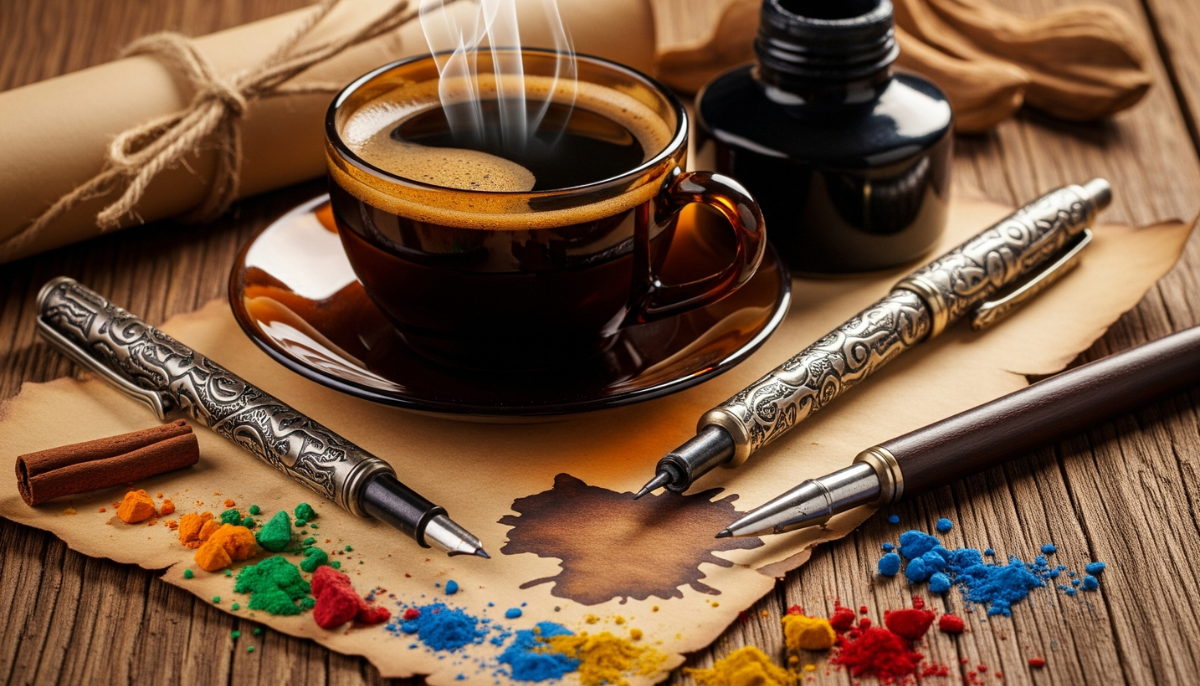 Uma xícara de café fumegante ao lado de penas antigas e pergaminhos manchados de tinta natural em um fundo de madeira envelhecida