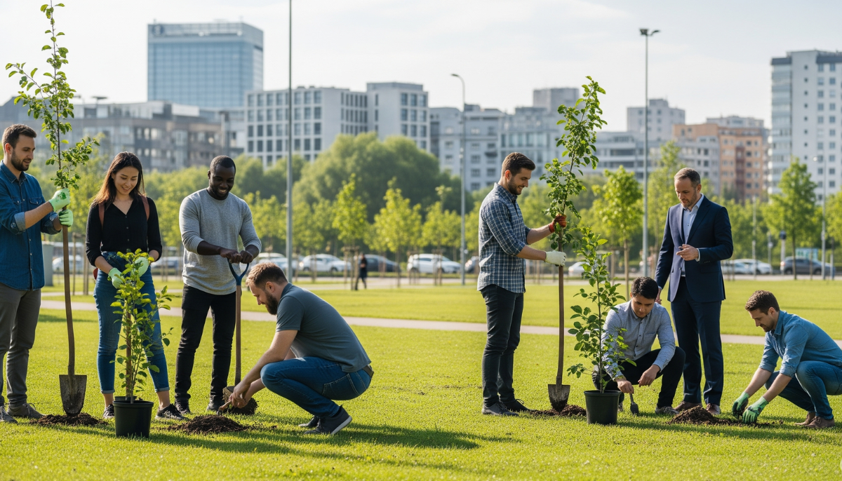 Cidade equilibrada entre área verde e urbano com pessoas plantando árvores e debatendo políticas ambientais