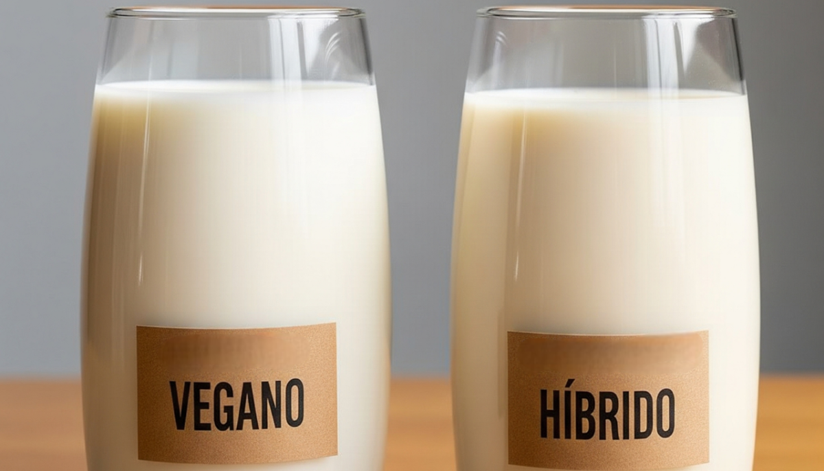 Dois copos lado a lado com leite tradicional e fermentado rotulados vegano e híbrido
