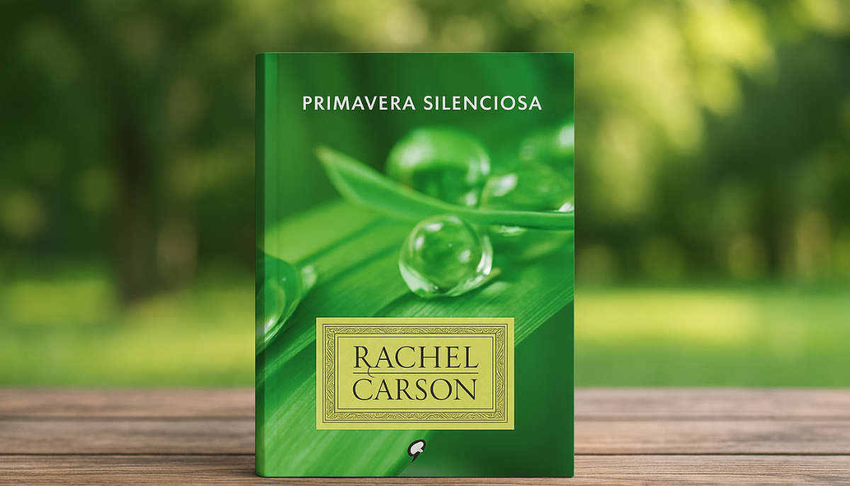 Capa do livro "primavera silenciosa" de rachel carson, um marco ambiental com tons verdes e detalhes de gotas de água, simbolizando a natureza e a fragilidade do ecossistema diante do uso de pesticidas